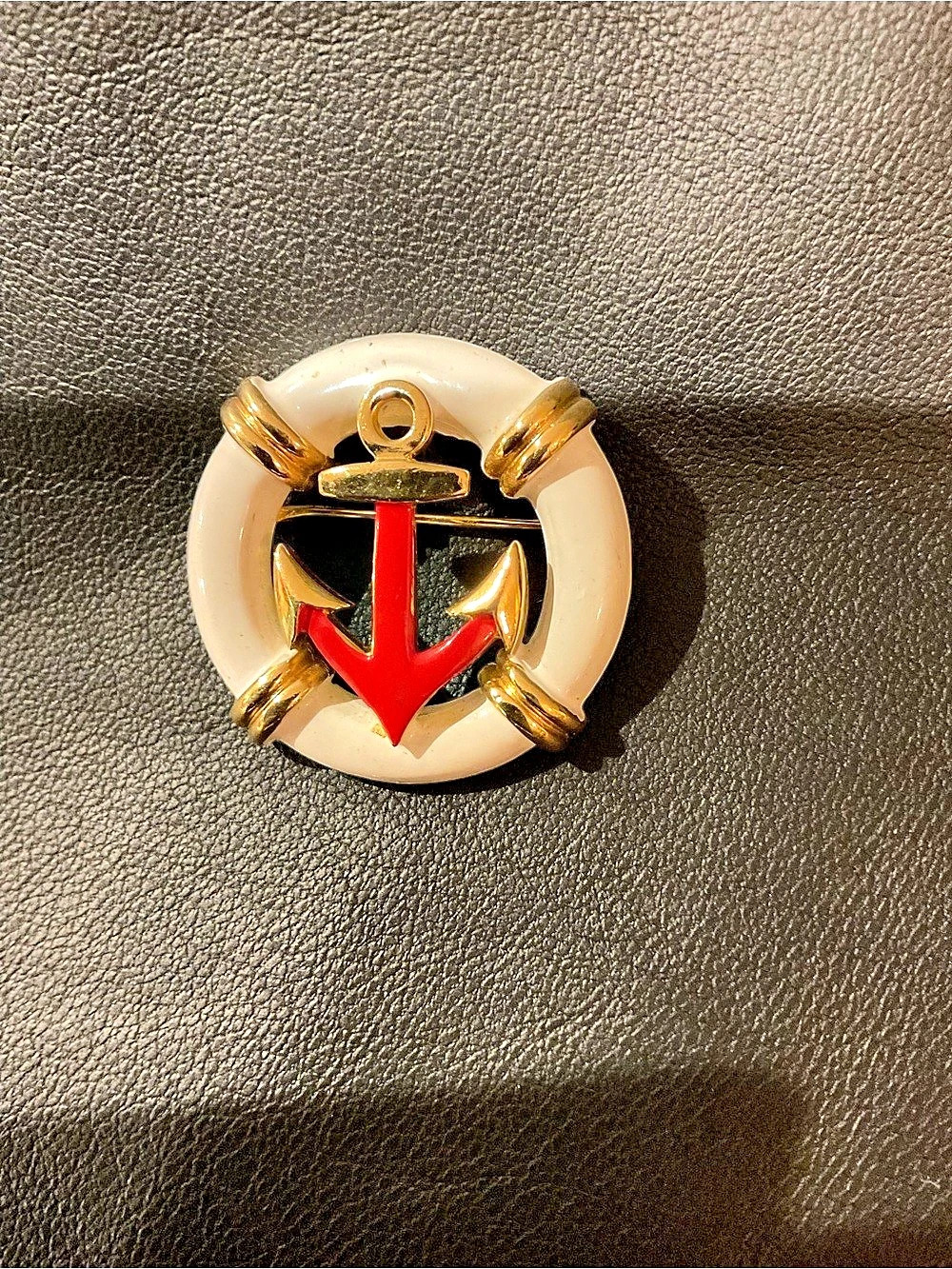 Trifari Anchor Brooch in White & Red